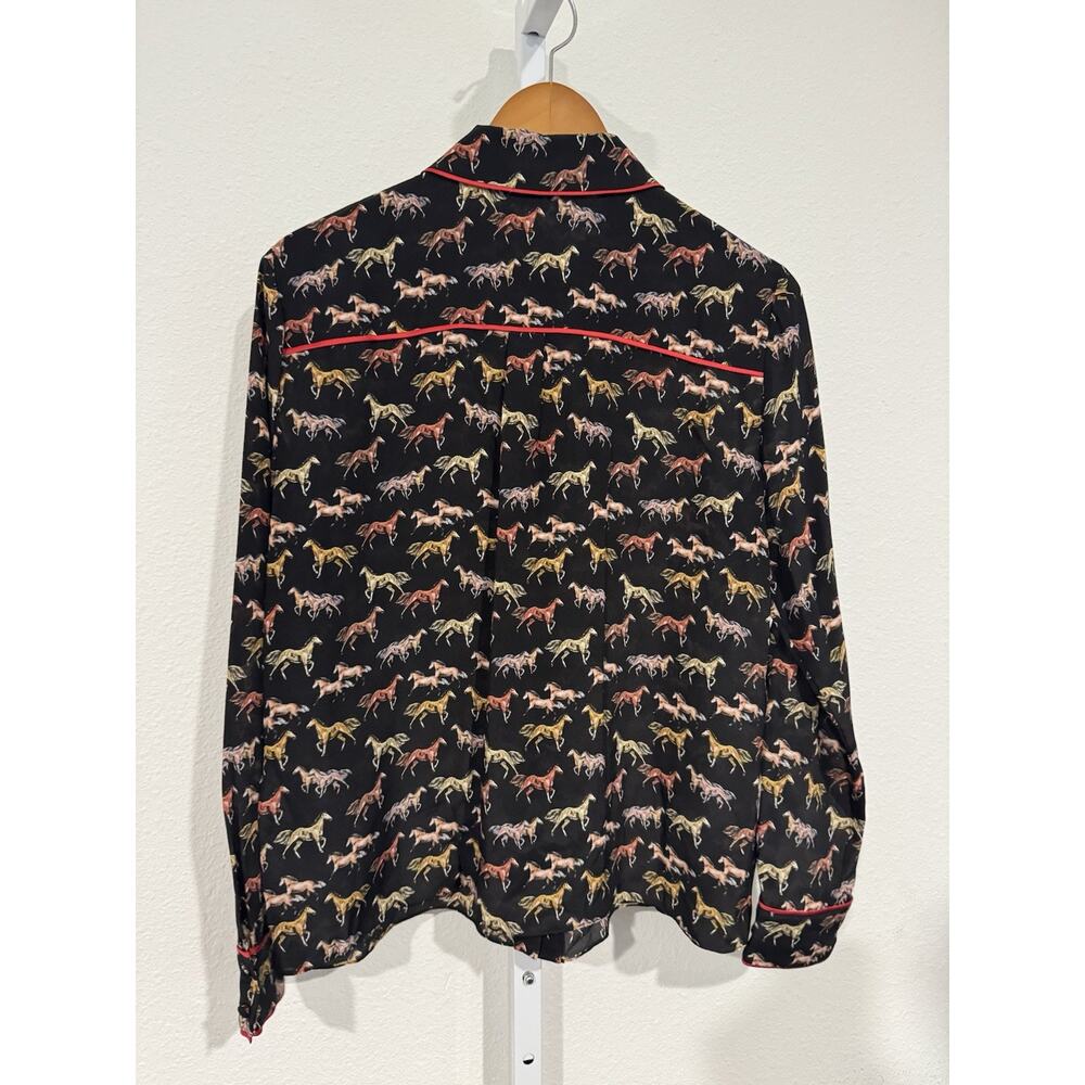 Alice + Olivia Willa Placket With Piping Silk Horse Blouse Top M - Picture 8 of 12
